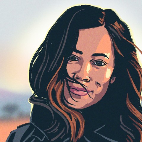 An illustration of a woman tilting her head to the right and looking at the viewer. The woman is smiling very slightly, and her hair is blowing across her face from the left. She has a light complexion, dark eyes and hair, and pink lipstick. Her hair is highlighted to a red-brown color by the sun, and she is wearing a leather jacket that is barely visible. The background is a blurry landscape.