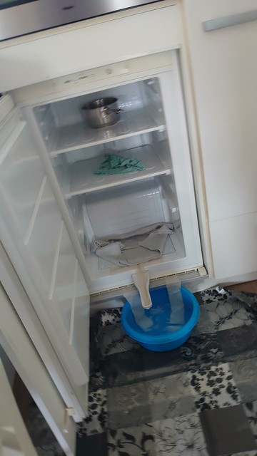 Een vriezer met de deur open. Voor de vriezer een teiltje om het dooiwater op te vangen. In de vriezer een pannetje en een dweil.