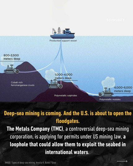 Explanatory graphic of a ship - production support vessel - connected to three machines with long pipes. First one in 800 - 2500 metres deep for cobalt-rich ferromanganese crusts. The second in 1000- 4000 metres deep for polymetallic sulphides and the third one in 4000- 6000 metres deep for polymetallic nodules.

Deep-sea mining is coming. And the U.S. is about to open the floodgates. 

The Metals Company (TMC), a controversial deep-sea mining corporation, is applying for permits under US mining law, a loophole that could allow them to exploit thr seabed in international waters.