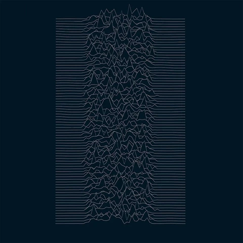 A stacked series of white, jagged, mountain-like waveforms against a dark blue background.