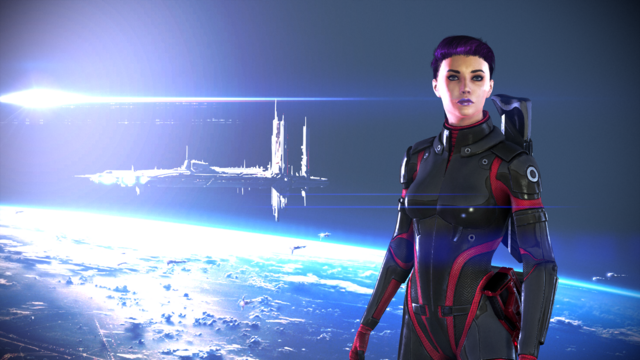 My Fem!Shep Alexandra at the very end picture from Mass Effect 1, standing against a backdrop of an unknown planet with a space station in orbit above it.