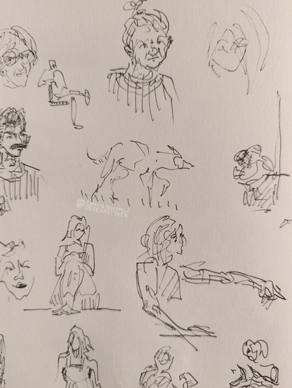 Loose sketches of people and a dog