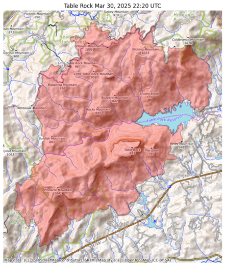 Visual map representation of the Table Rock wildfire, showing the perimeters of the 13191.16938452094 acre fire on a map.