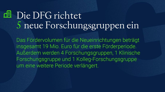 Die DFG richtet 5 neue Forschungsgruppen ein:
Das Fördervolumen für die Neueinrichtungen beträgt insgesamt 19 Mio. Euro für die erste Förderperiode. Außerdem werden 4 Forschungsgruppen, 1 Klinische Forschungsgruppe und 1 Kolleg-Forschungsgruppe um eine weitere Periode verlängert.