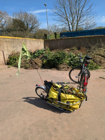 Black rigid MTB with a Bob trailer full of clippings