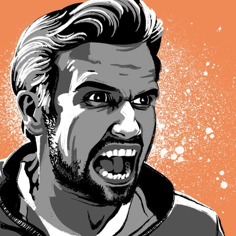 An illustration of a man screaming. The man is facing to the right and is frowning. His mouth is open wide, and he has a mean, intense look on his face. He has a light complexion and short hair that is brushed up into a bouffant. He has a light mustache and beard. He is drawn in a posterized grayscale, over an orange background with white spray paint spattered behind him.
