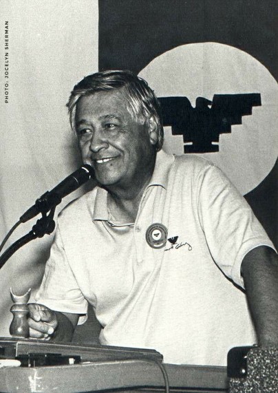 Historical B&W photo of Cesar Chavez at convention. Photo copyright Jocelyn Sherman