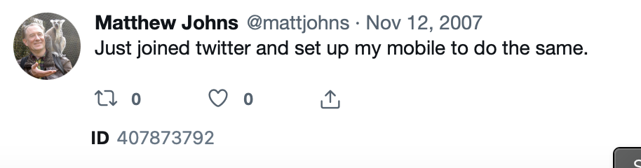 My first tweet from 12 November 2007, that was posted from a Nokia E61. The content is "Just joined twitter and set up my mobile to do the same"