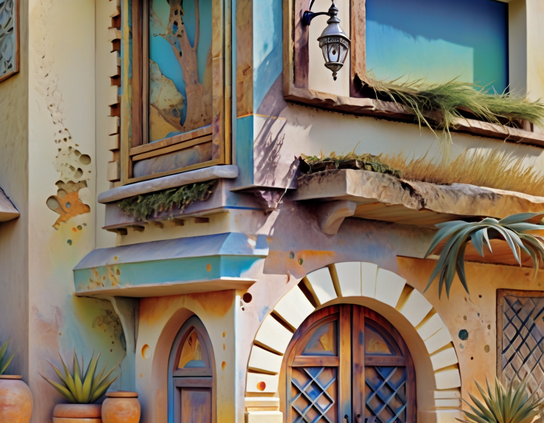 Colorful and cream colored details painted on the corner of a building brighten its weathered walls, windows, and door, complemented by bright sunlight and desert plants.