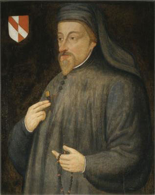 An old portrait of Sir Geoffrey Chaucer, with his coat of arms in the corner