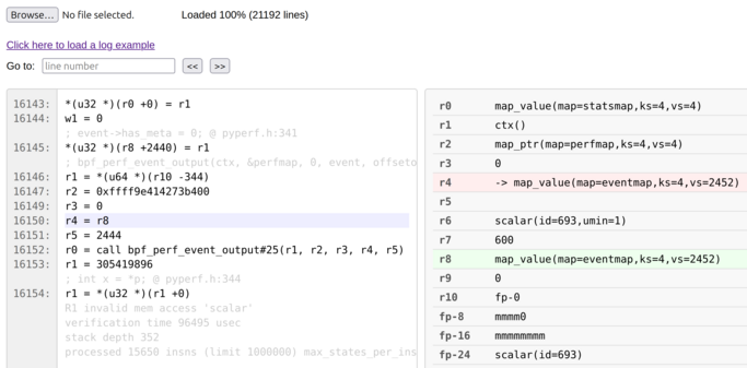 Screenshot of the example, with the verifier logs showed on the left panel and the current verifier state showed on the right.