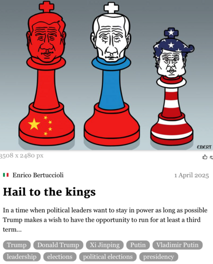 screenshot cartoon 3 schaakstukken rode chi jing pin, rood blauw witte poetin, USA vlag trump 
tekst ‘hail to the kings'