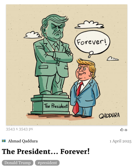 screenshot cartoon standbeeld groen trump, trump staat ervoor, tevreden, denkt ‘forever'