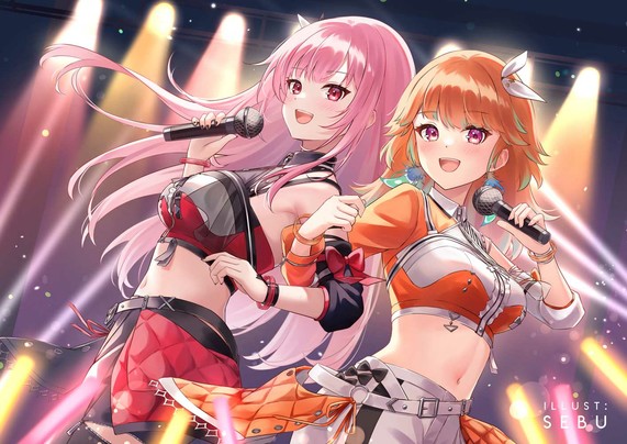 Mori Calliope (Calliope Mori) and Takanashi Kiara performing on stage with large smiles. They're interlocking one arm, while each holding a microphone in the other.