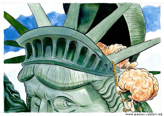 Karikatur. Gehirne entsteigen dem Kopf der Freiheitsstatue und benutzen dazu eine Strickleiter.