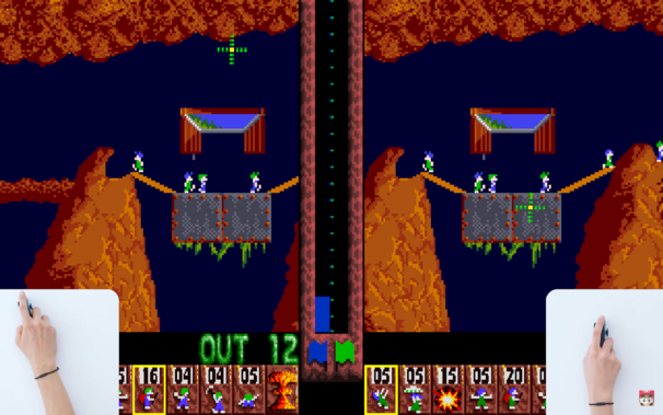 Lemmings' split-screen mode, with two players each using a mouse.