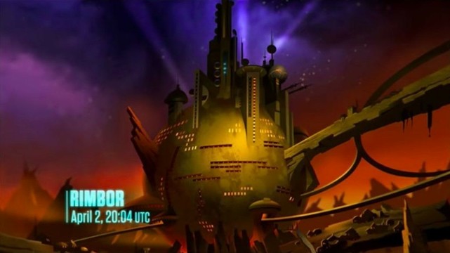 An exterior shot of an alien building in space. It is labeled “Rimbor, April 2, 20:04 UTC”