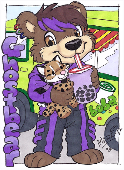 Sascha the little bearkitty (an anthro bear-lynx hybrid) is standing in front of a colorful truck selling boba tea / bubble tea.
He is holding a big cup of bubble tea in one hand, sipping from it. In the other hand, he is holding his long-tailed lynx plushie friend Sammy, who also seemed to "grab" the cup.
Sascha is wearing a black & purple hoodie and matching cargo pants with purple straps. The waistband of a diaper is peeking out from his pants.