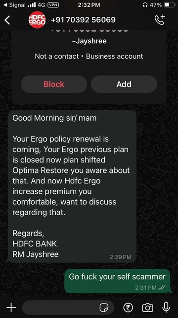 Screenshot of WhatsApp where insurance scammer is trying to scam me, I use expletives in return