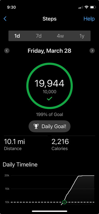 Screenshot of my Garmin watch displaying 19,994 steps on Friday, March 28. Estimated miles is 10.1.
