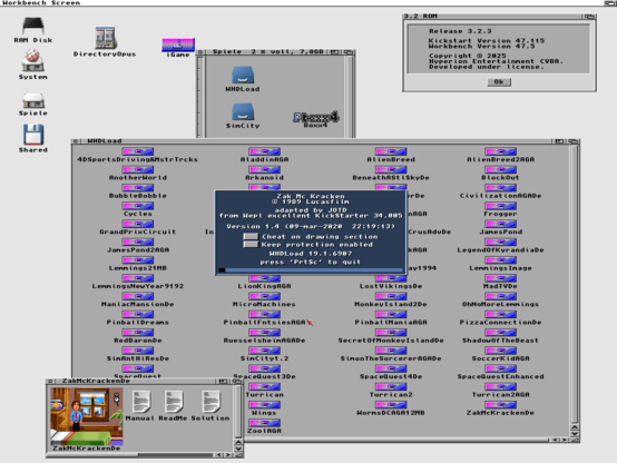 Checking out the latest version information of Kickstarter 47.115, Amiga OS 3.2.3 and WHDLoad 19.1. Looking great!