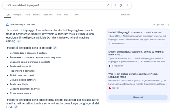 AI Overviews di Google su una query informativa