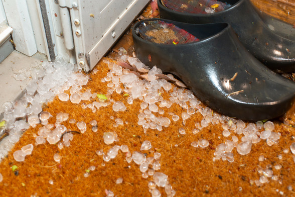 Hail scattered on a coconut-fiber door mat next to a pair of blue plastic clogs.