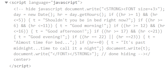 Screenshot of a Javascript code that changes the heading depending on the time of the day. It can also say Good morning, Good afternoon, etc.