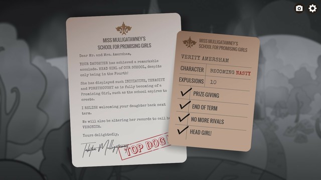 The final screen that shows when you play through Expelled!, it shows you've ticked off most of the possible scenarios.