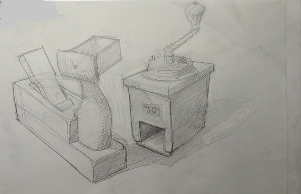 Pencil on paper

A dutch pattern wooden plane besides an old school wooden manual coffee grinder wit a rotating handle. The drawer of the grinder is placed on top of the slicer.