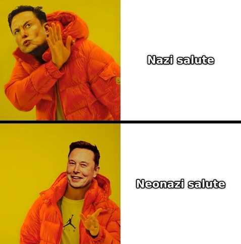 Drake meme with Musk's face

Top (NO CASE)
"Nazi salute"

Bottom (YES CASE)
"Neoazi salute"