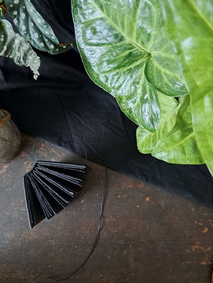 The black leather journal shown from above to reveal the black blank pages on the inside.
