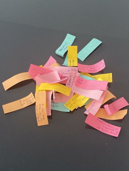 Bits of colorful page markers removed from the book, with various comments written on them in German