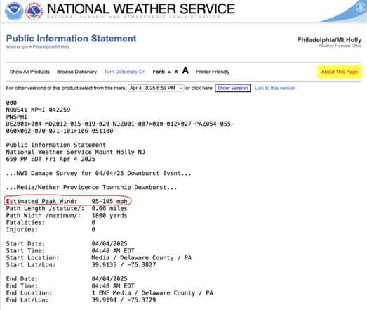 Screenshot of a public information statement from the National Weather Service. I've circled in red the text, "Estimated peak wind: 95-105 mph."