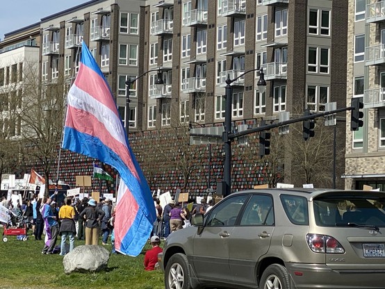 group of people holding up a taller-than-they-are trans flag behind the main crowd. the flag towers over everything and is probably two storeys high?