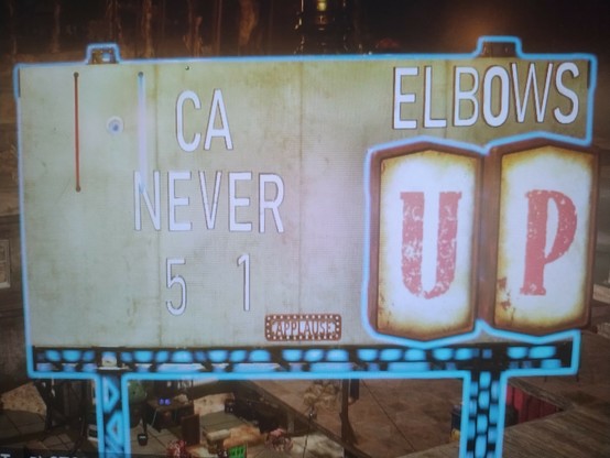 Billboard at my Fallout 76 C.A.M.P.

"CA NEVER 51"

"Elbows up"

Various Pride flags waving over my structure