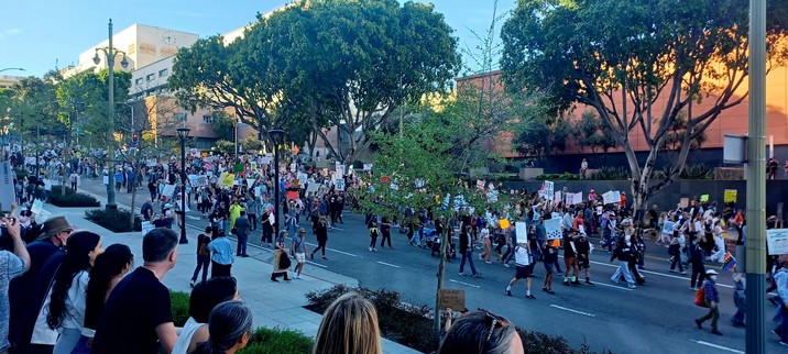A crowd of people marching down a street to City Hall in Los Angeles, protesting the anti-constitutional bullshit the Trump regime and Republicans are getting away with. #TrumpMustGo