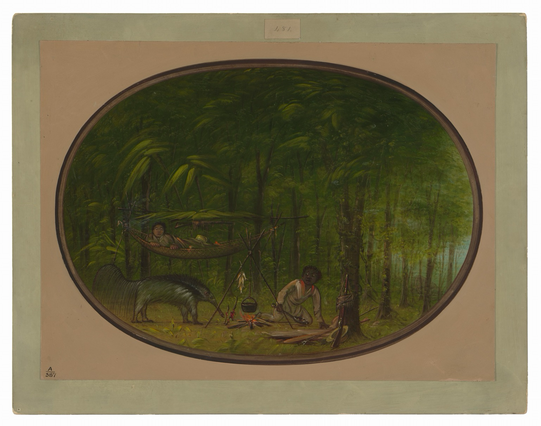 Digital scan of the cited artwork; oval composition depicting a giant anteater in side profile seemingly surprising two dark-skinned men in a rainforest campground (identified as Rio Yucayali area), one in a hammock and one by the campfire.   “When Catlin exhibited [this] Cartoon Collection in New York in 1871, he published a catalog listing all the works. The catalog entries often included additional information about the subject of each painting. Catlin's catalog entry for this painting follows. Cart. No. 481.     THE GREAT ANT-EATER, visiting the author’s camp on the Rio Yucayali. See Catlin’s ‘Last Rambles.’—Appleton.”