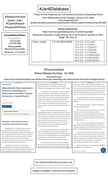 Screenshots of court information pertaining to convicted January 6th rioter Joseph Robert Fisher (Plymouth, Massachusetts).
