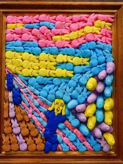 Framed mosaic assembled with marshmallow "Peeps" brand bunnies and chicks in pink, blue, yellow, purple and brown arranged to mimic Edvard Munch's "The Scream."