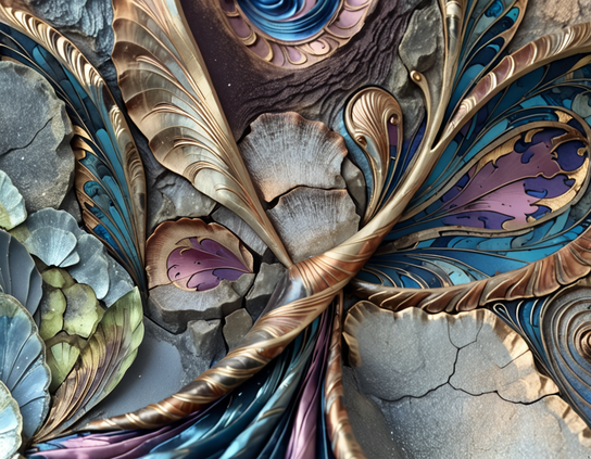 Layered metallic and cracked stone textures form a satin-like swirl with engraved floral and feather patterns in soft metallic hues.