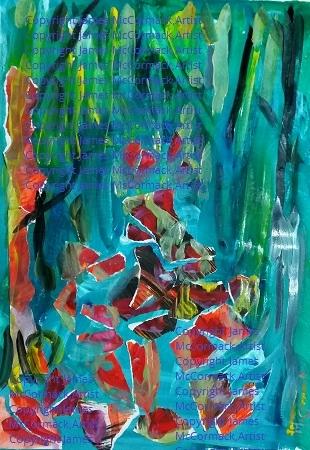 G.
A Trail of Broken Hearts is a gouache painting with a collage of painted paper representing broken hearts strewn carelessly on a trail.