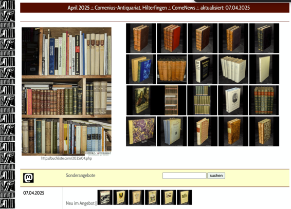 Screenshot der Aktuell-Seite des Comenius-Antiquariates mit den neu erfassten Büchern