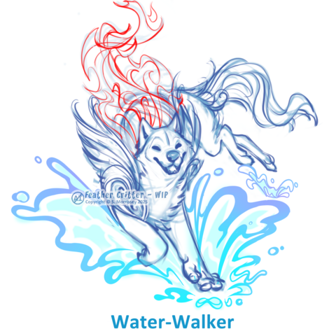A sketch of Amaterasu from Okami, water splashing around her as she walks on the surface