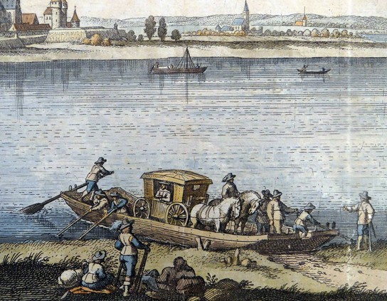 Bac sur le Rhin à Worms au XVIIe siècle; détail de Matthäus Merian, Topographia Palatinus Rheni et Vicinarum Regionum, Francfort sur le Main 1645 (archives municipales de Worms, Abt. 217 Nr. 1495), Wikimedia.