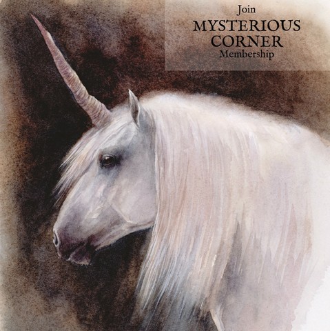 watercolour painting of a pale unicorn on a dark brown background. text says 'join mysterious corner membership'