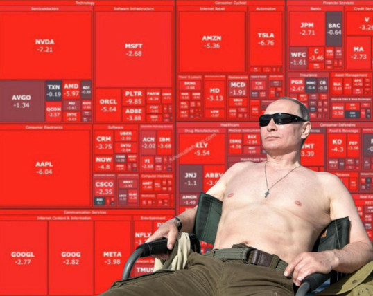 Red bear market from tariffs with topless terrorist putin tanning in sunglasses
