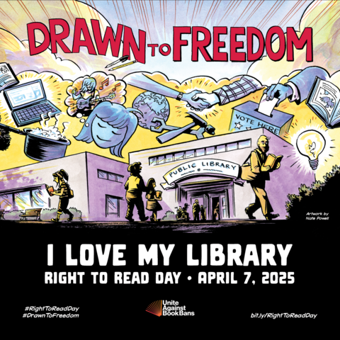 cartoon style poster titled Drawn to Freedom.  The large Public Library building has ideas floating above it (laptop computer, person dreaming of playing guitar, pot of food cooking, tools, a friendly handshake, and a ballot going into a box labelled Vote Here.  People are coming and going.
