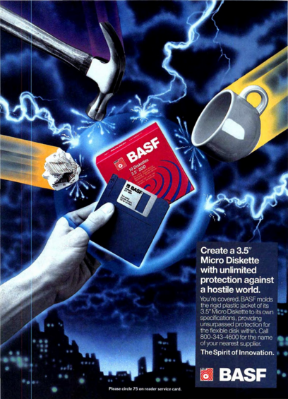 An advertisement for BASF 3.5" Micro Diskettes that features a dynamic and colorful design. The image includes a hand holding a BASF 3.5" floppy disk, a red box of BASF 3.5\" diskettes, a hammer, a coffee mug, and a crumpled piece of paper, all surrounded by electric blue lightning bolts. The text on the right side of the image reads: 'Create a 3.5" Micro Diskette with unlimited protection against a hostile world. You're covered. BASF molds the rigid plastic jacket of its 3.5" Micro Diskette to its own specifications, providing unsurpassed protection for the flexible disk within. Call 800-343-4660 for the name of your nearest supplier. The Spirit of Innovation.' The BASF logo is displayed at the bottom right corner. The background features a city skyline silhouette
