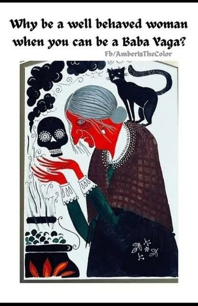 lt-text:

Illustration of an elderly woman holding a skull with a black cat on her shoulder and a bubbling cauldron nearby.

Transcribed Text:

Why be a well behaved woman when you can be a Baba Yaga?

Fb/AmberIsTheColor